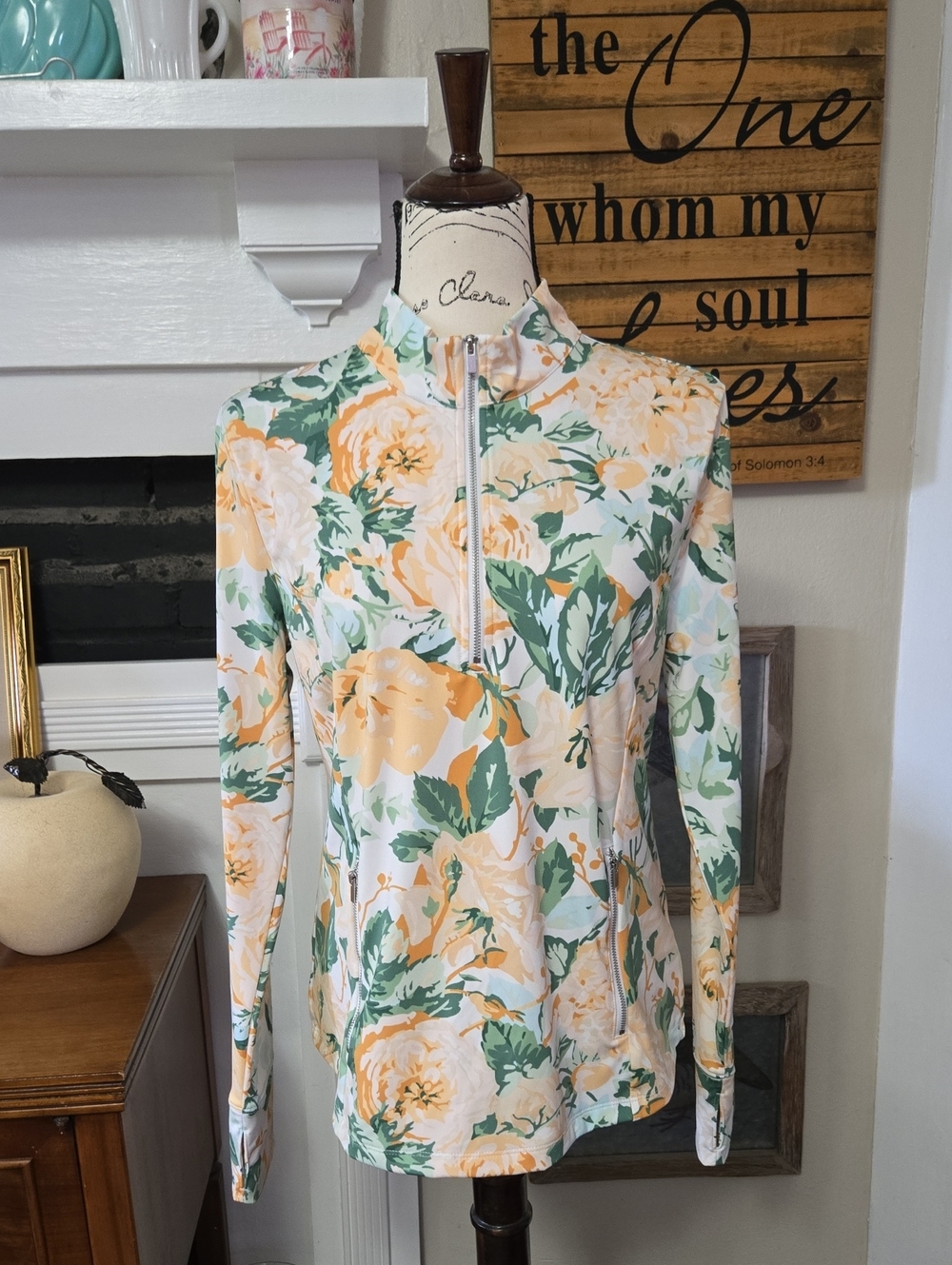 Laura Ashley Floral Half-Zip Pullover in Peach & Green